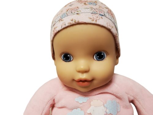 Csörgős puha játékbaba rózsaszín ruhában – használt újszerű állapotú (28 cm) (b2)