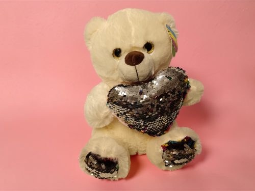 Plüss maci flitteres szivecskével, 25 cm – újszerű (A7)