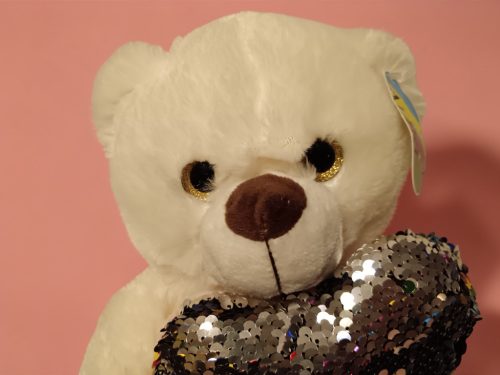 Plüss maci flitteres szivecskével, 25 cm – újszerű (A7)