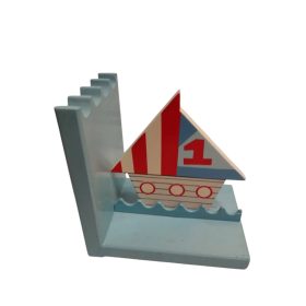   Hajó formájú fa könyvtámasz – használt, jó állapotban (13×13 cm) (a2)