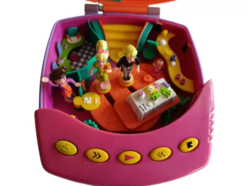 Bluebird Polly Pocket CD Player retró miniatűr játékszett 3 figurával (1998) 13 cm – jó állapotú hibás elemes funkcióval (D6)