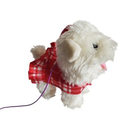  Elemes sétáló kiskutya piros kockás ruhában használt, jó állapotban - 20 cm (D3)