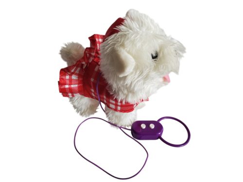 Elemes sétáló kiskutya piros kockás ruhában használt, jó állapotban - 20 cm (D3)