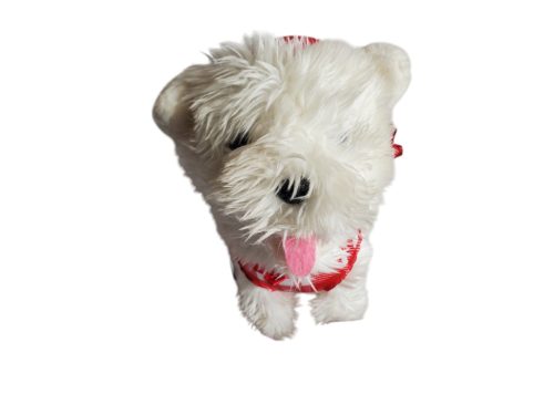 Elemes sétáló kiskutya piros kockás ruhában használt, jó állapotban - 20 cm (D3)