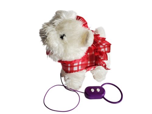 Elemes sétáló kiskutya piros kockás ruhában használt, jó állapotban - 20 cm (D3)