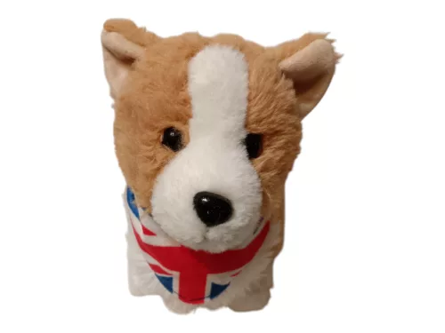 Corgi kutya plüssfigura brit zászlós kendővel 25 cm – használt, újszerű állapotú (E5)