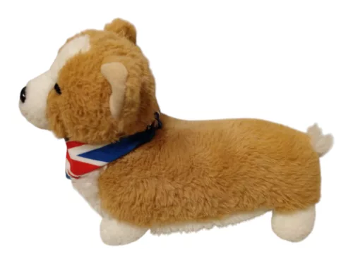 Corgi kutya plüssfigura brit zászlós kendővel 25 cm – használt, újszerű állapotú (E5)