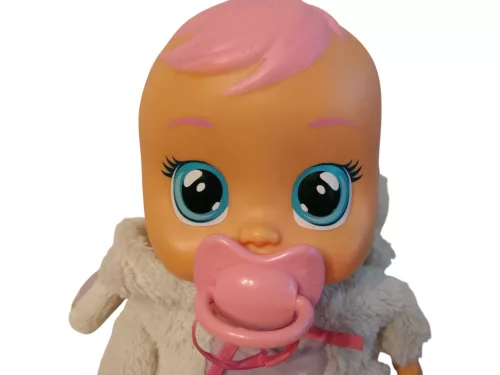 Cry Babies interaktív világító baba nyuszis ruhában, cumival, 32 cm – jó állapotú (C2)