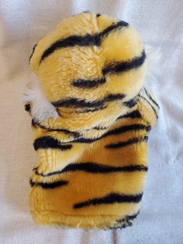 Plüss tigris kézbáb – puha anyagból, 20 cm – használt, újszerű állapotban (d3)