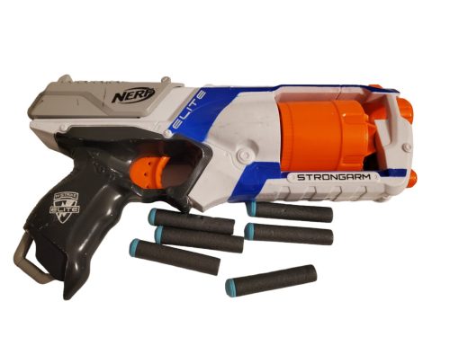 Nerf Strongarm szivacslövő 6 lövedékkel – jó állapotú (30 cm) (A3)