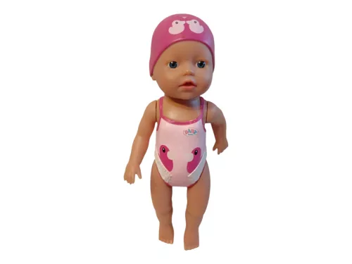 Zapf Baby born úszó kislány baba rózsaszín fürdőruhában, úszósapkával és mentőmellénnyel, 32 cm – használt, jó állapotú (D6)
