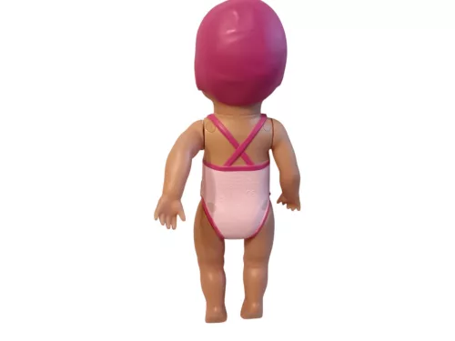 Zapf Baby born úszó kislány baba rózsaszín fürdőruhában, úszósapkával és mentőmellénnyel, 32 cm – használt, jó állapotú (D6)