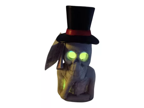 Halloween LED világító kőhatású koponya dekoráció cilinderrel, 29 cm – új (D8)