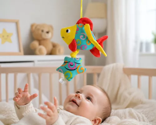Kiságyra akasztható zenélő plüss hal csillaggal, 25 cm -  jó állapotú (C3)