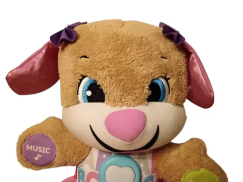 Fisher-Price Laugh & Learn Smart Stages Puppy – Girl edition angol nyelvű zenélő és beszélő kutyus plüss, 30 cm – jó állapotban (G3)
