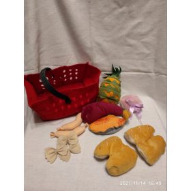   Plüss játék bevásárlókészlet kosárral – használt, jó állapotú (C3)