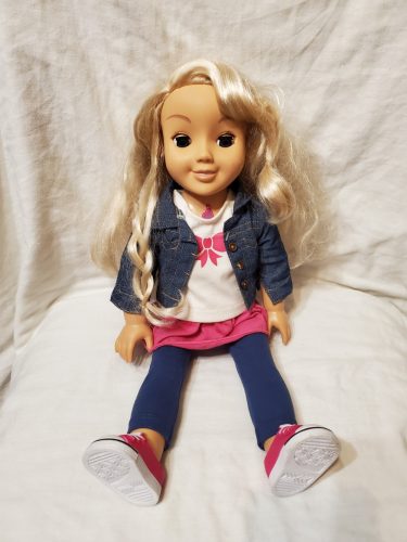 Divatos lánybaba hosszú szőke hajjal – használt, jó állapotú (43 cm) (b6)