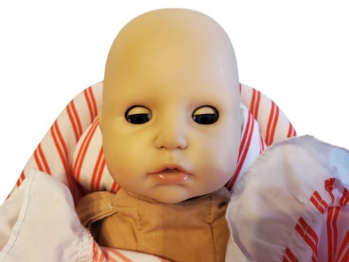 Babahordozós játékbaba szett – használt jó állapotú (baba 35 cm, hordozó 40 cm) (D3)